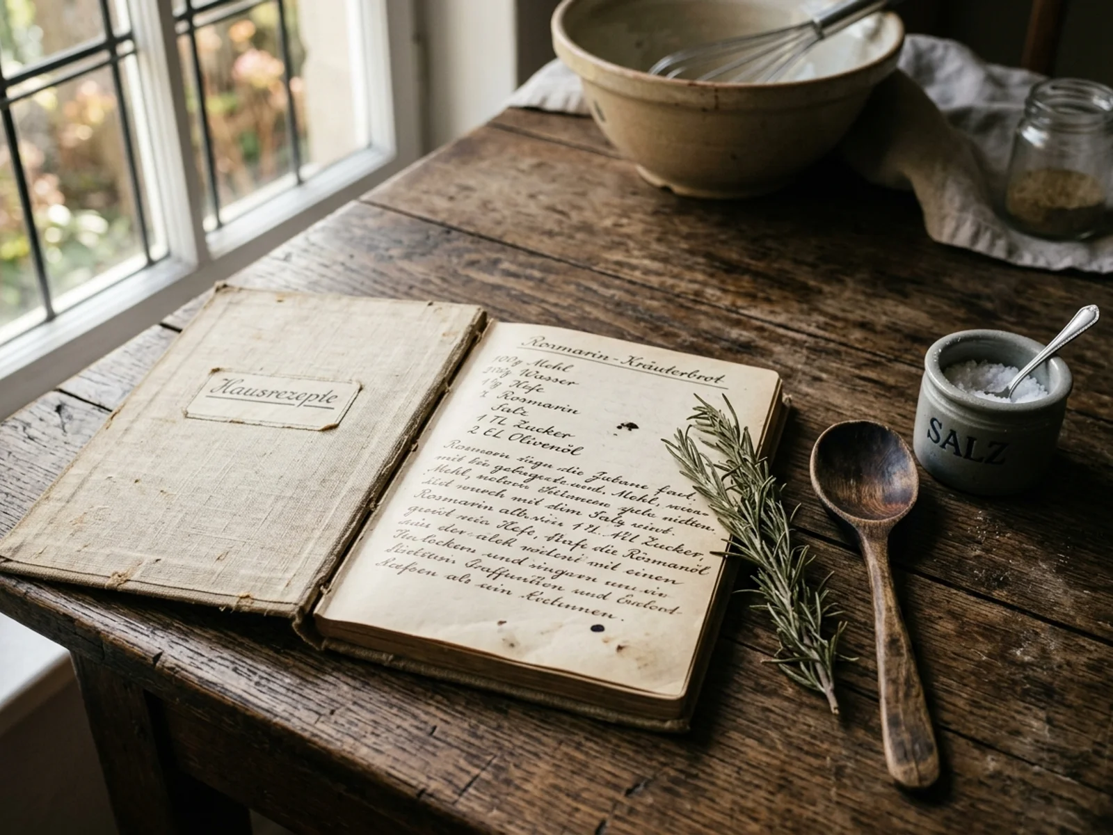 Altes Leinen-Rezeptbuch mit Rosmarinzweig und Holzlöffel auf warmem Eichenholz
